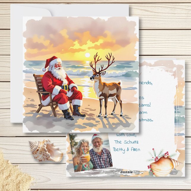 Santa and Reindeer at Beach Personalized Christmas Holiday Card (Creator Uploaded)