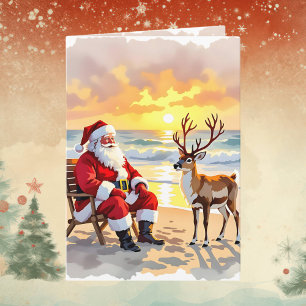 Santa and Reindeer at Beach Personalized Christmas Holiday Card