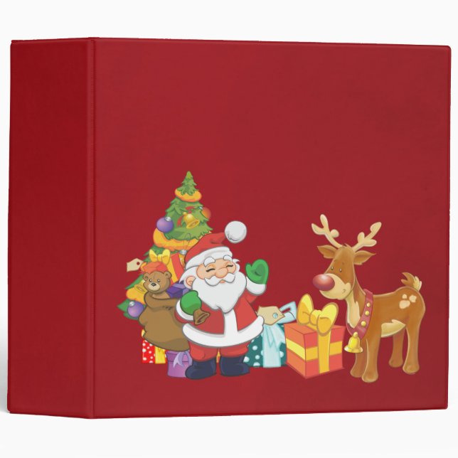 Santa and Reindeer by Christmas Tree with Presents 3 Ring Binder (Front/Spine)