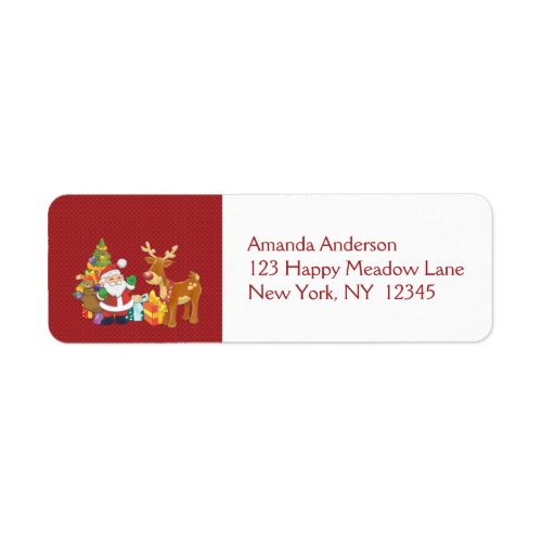 Santa and Reindeer by Christmas Tree with Presents Label