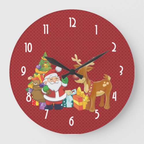 Santa and Reindeer by Christmas Tree with Presents Large Clock