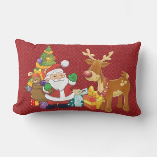 Santa and Reindeer by Christmas Tree with Presents Lumbar Pillow