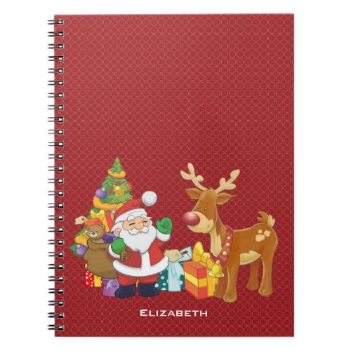 Santa and Reindeer by Christmas Tree with Presents Notebook