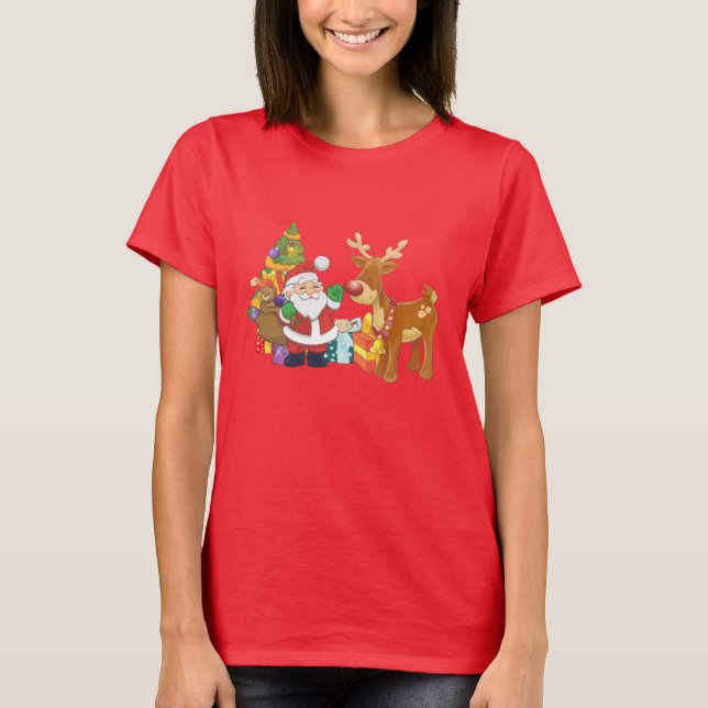 Santa and Reindeer by Christmas Tree with Presents T-Shirt (Front)