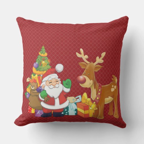 Santa and Reindeer by Christmas Tree with Presents Throw Pillow