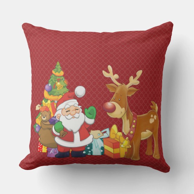 Santa and Reindeer by Christmas Tree with Presents Throw Pillow (Front)