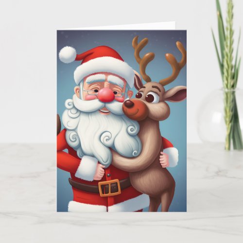 Santa and Reindeer Christmas Folded Greeting Card