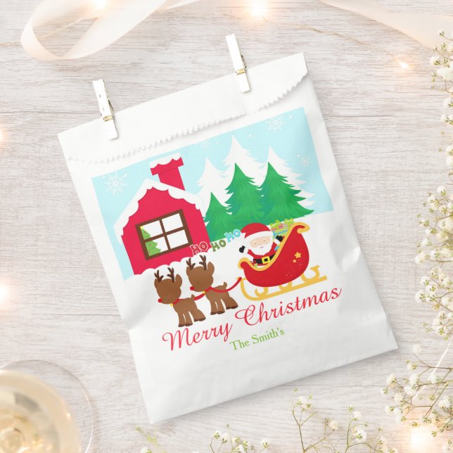 Santa and Reindeer Christmas Holiday Party Favor Bag (Clipped)
