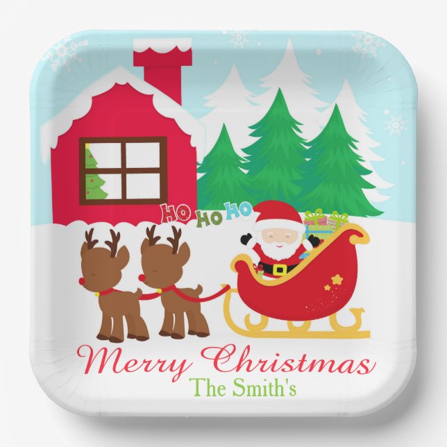 Santa and Reindeer Christmas Holiday Party Paper Plates (Front)