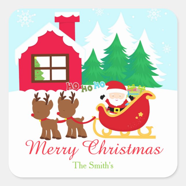Santa and Reindeer Christmas Holiday Party Square Sticker (Front)