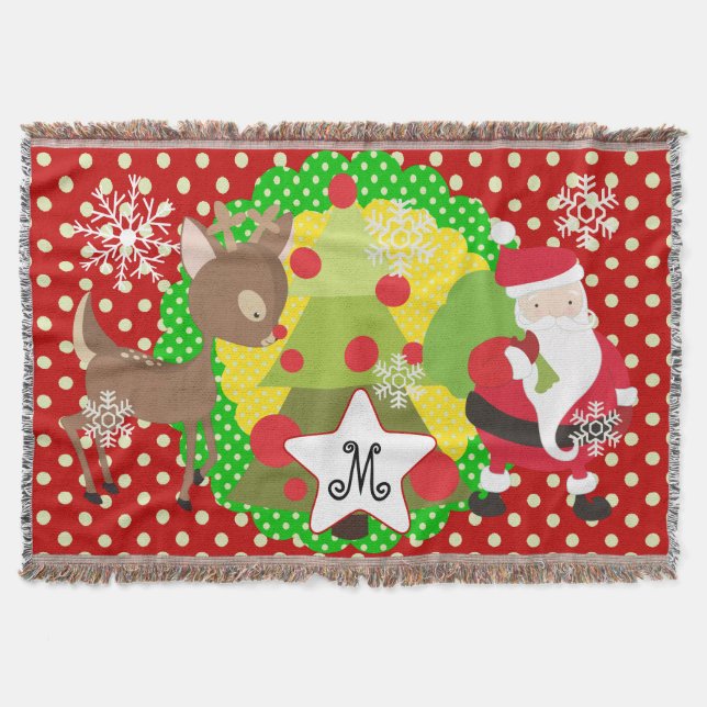 Santa and Reindeer Christmas Holiday Throw Blanket (Front)