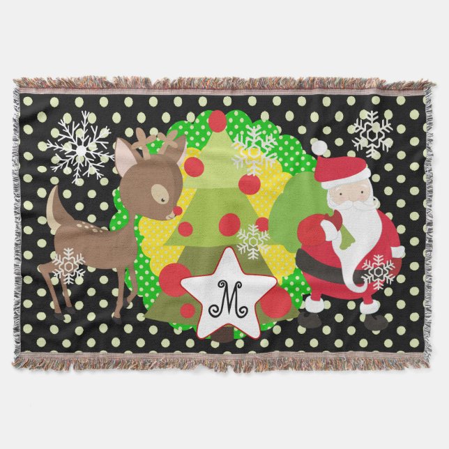 Santa and Reindeer Christmas Holiday Throw Throw Blanket (Front)
