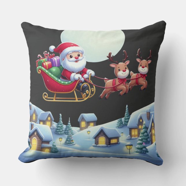 Santa and Reindeer Christmas Magic Night Tee Throw Pillow (Front)