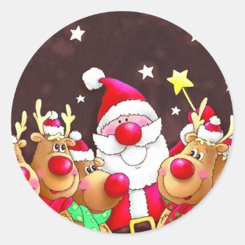 Santa And Reindeer Classic Round Sticker by patrickhoenderkamp at Zazzle