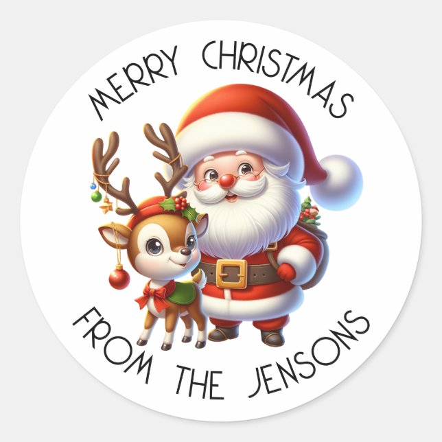 Santa and Reindeer Cute Cartoon Christmas Classic Round Sticker (Front)