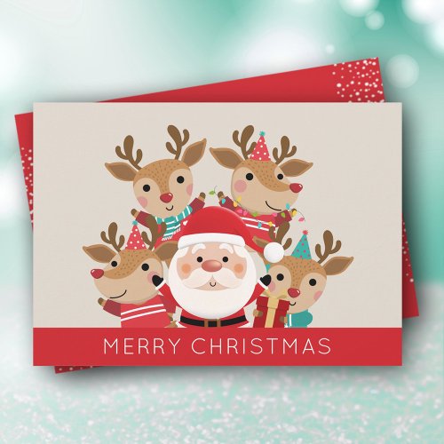 Santa and Reindeer Flat Merry Christmas Holiday Card