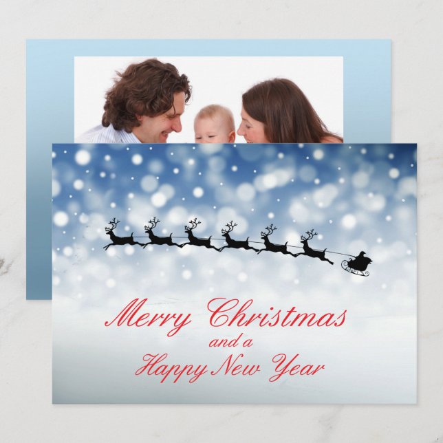 Santa and Reindeer fly through snow - Personalize Announcement (Front/Back)