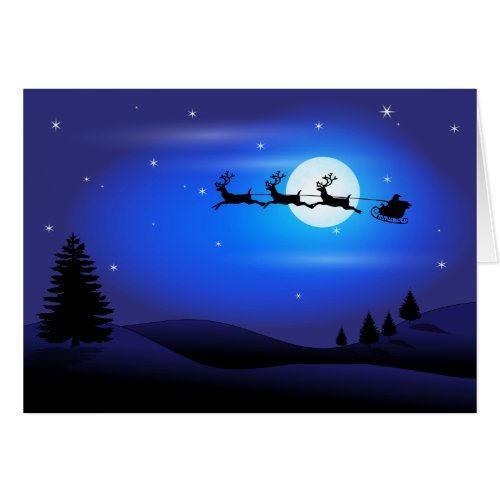 Santa and Reindeer Flying Across Blue Night Sky