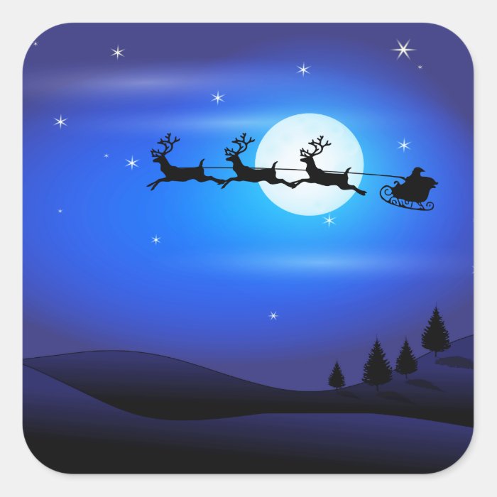 Santa and Reindeer Flying Across Blue Night Sky Square Stickers