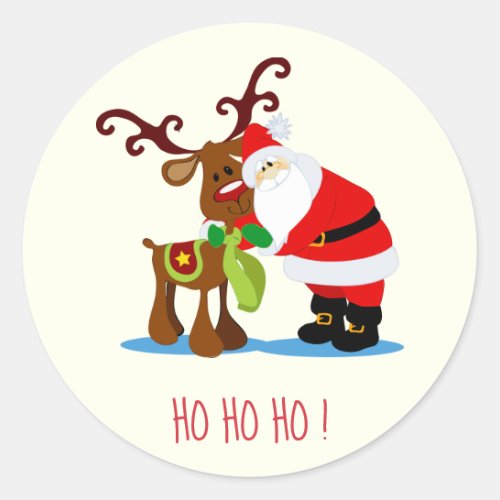 Santa and Reindeer Ho Ho Ho Christmas Classic Round Sticker