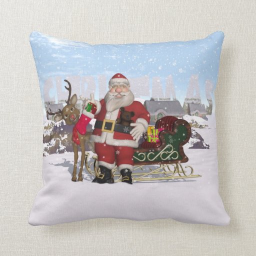 Santa And Reindeer Holiday Pillow | Zazzle