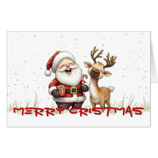 Santa and Reindeer in Festive Cartoon Style Card