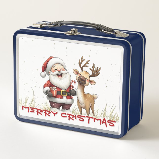 Santa and Reindeer in Festive Cartoon Style Metal Lunch Box (Front)