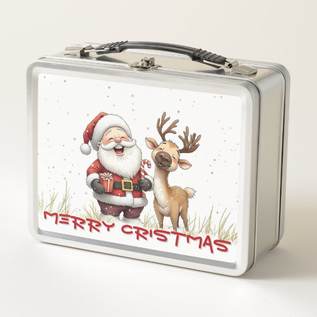 Santa and Reindeer in Festive Cartoon Style Metal Lunch Box (Front)