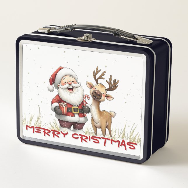 Santa and Reindeer in Festive Cartoon Style Metal Lunch Box (Front)