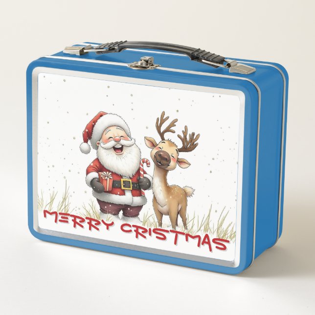 Santa and Reindeer in Festive Cartoon Style Metal Lunch Box (Front)