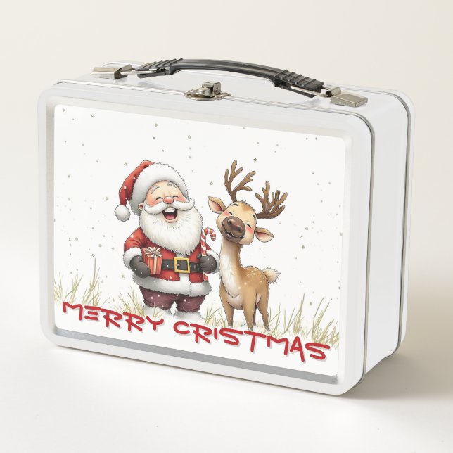 Santa and Reindeer in Festive Cartoon Style Metal Lunch Box (Front)