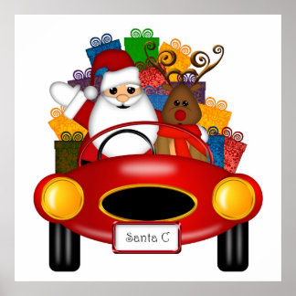 Santa and Reindeer in Red Sport Card with Presents Poster