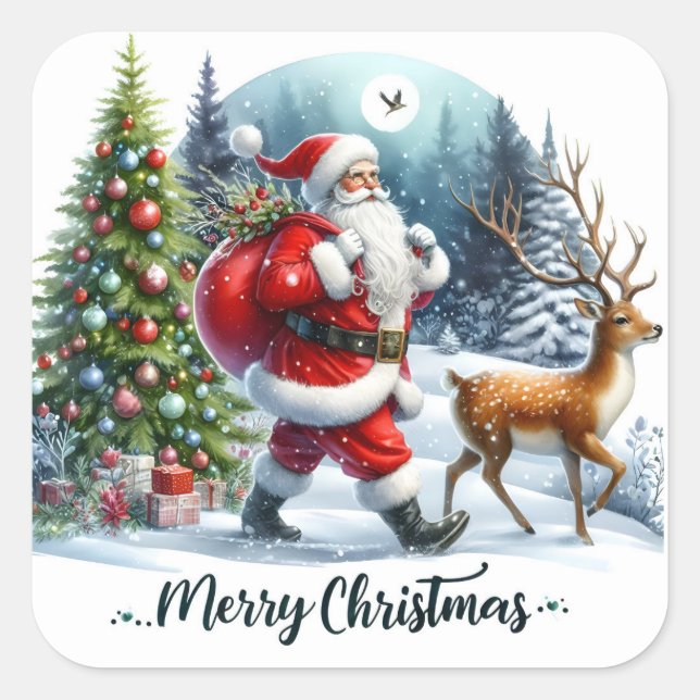 Santa and Reindeer in Snowy Forest Square Sticker (Front)