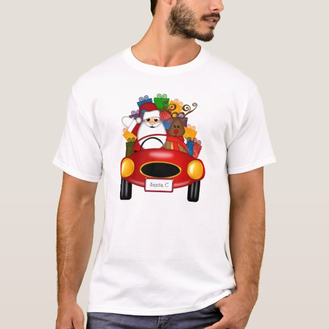Santa and Reindeer in Sport Car with Gifts T-Shirt (Front)