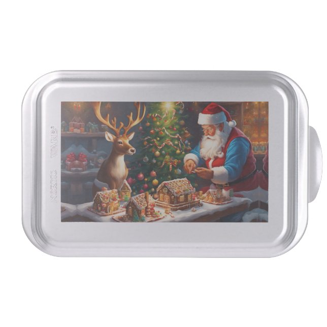 Santa and reindeer make gingerbread house cake pan (Front)