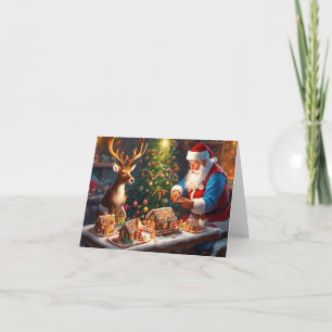 Santa and reindeer make gingerbread house card