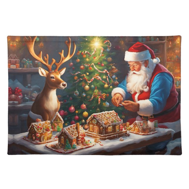 Santa and reindeer make gingerbread house cloth placemat (Front)