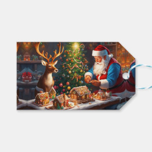 Santa and reindeer make gingerbread house gift tags