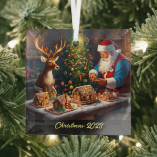 Santa and reindeer make gingerbread house glass ornament