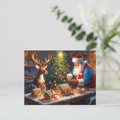 Santa and reindeer make gingerbread house holiday postcard