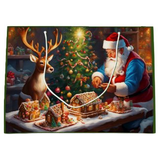 Santa and reindeer make gingerbread house