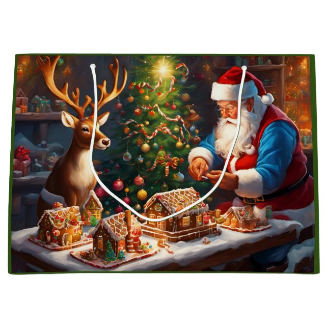 Santa and reindeer make gingerbread house large gift bag (Front)