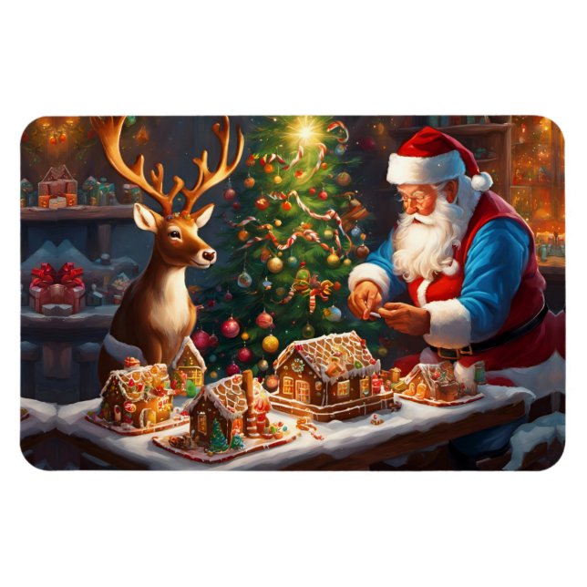 Santa and reindeer make gingerbread house magnet (Horizontal)