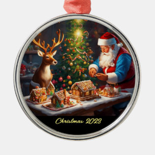 Santa and reindeer make gingerbread house metal ornament