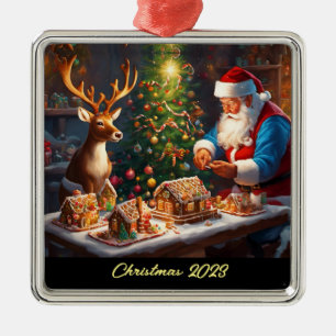 Santa and reindeer make gingerbread house metal ornament