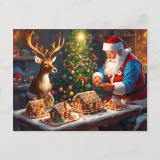 Santa and reindeer make gingerbread house