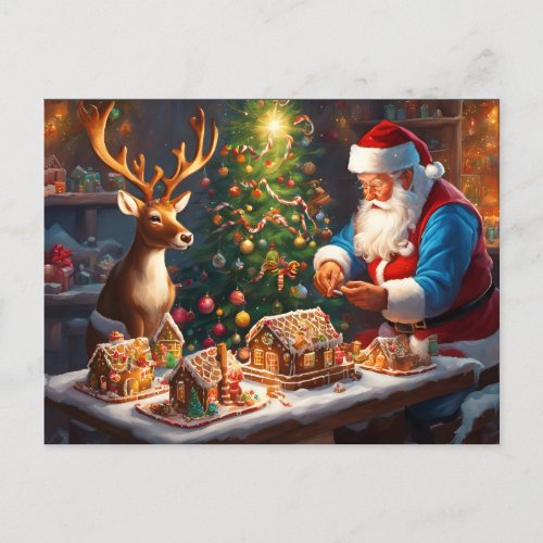 Santa and reindeer make gingerbread house postcard