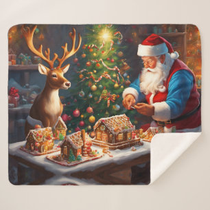 Santa and reindeer make gingerbread house sherpa blanket
