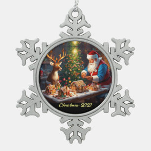 Santa and reindeer make gingerbread house snowflake pewter christmas ornament
