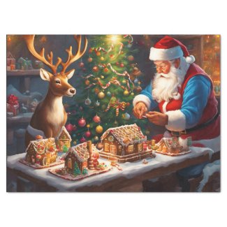 Santa and reindeer make gingerbread house